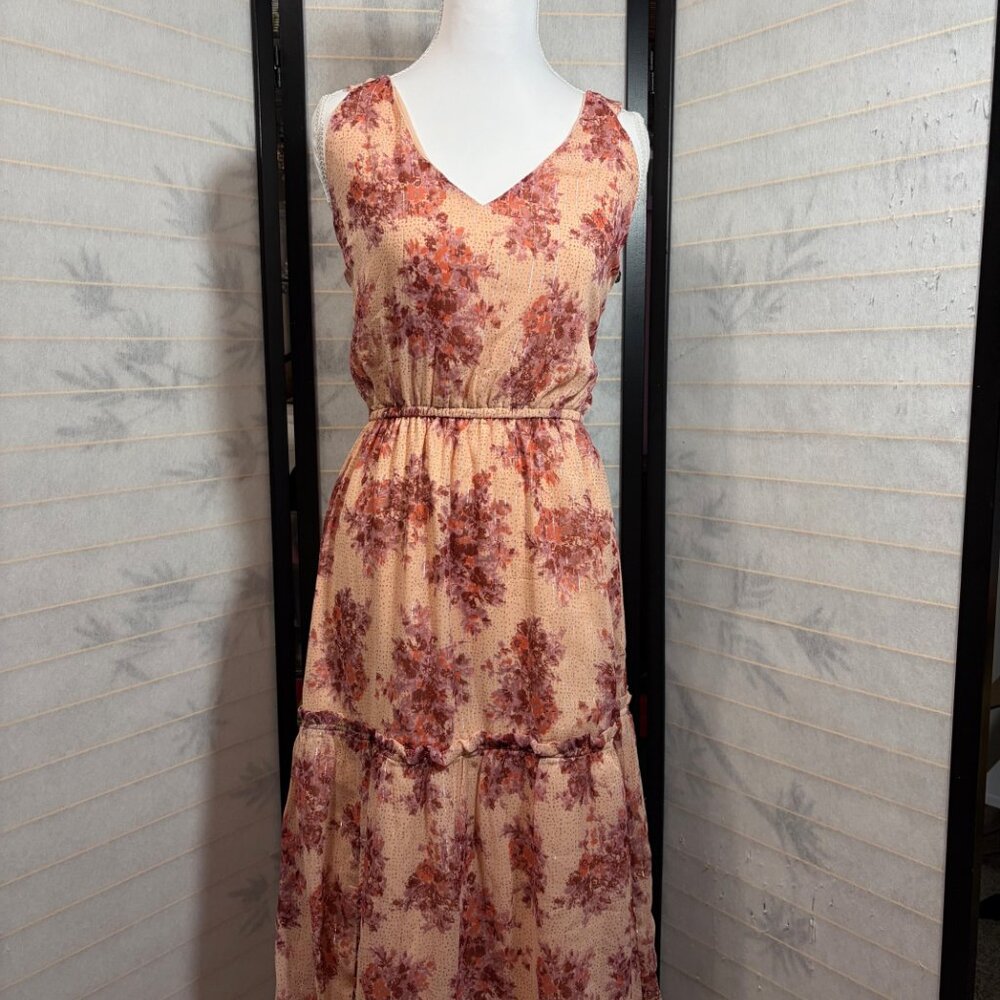 Black Tape Floral Chiffon Maxi Dress Peach‎ Silver Lurex Boho Cottagecore Small
